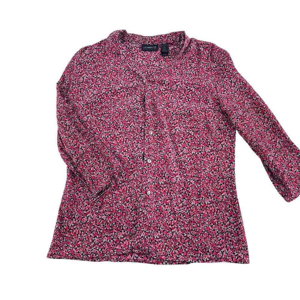 Liz Claiborne Collection Womens Floral Blouse Size 10 100%‎ Silk Black Pink Long